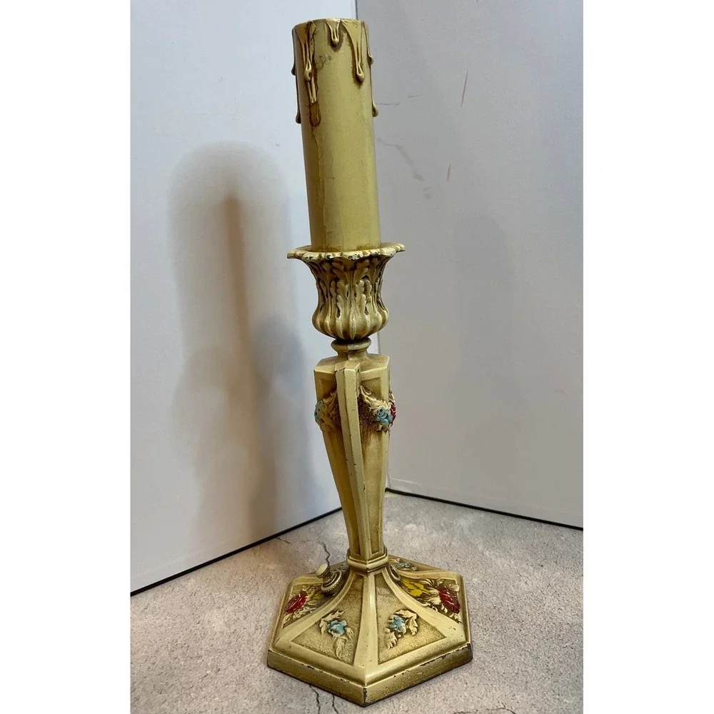 Vintage French Provincial Electric Candlestick Lamp‎ Floral Rose Garland 1930s